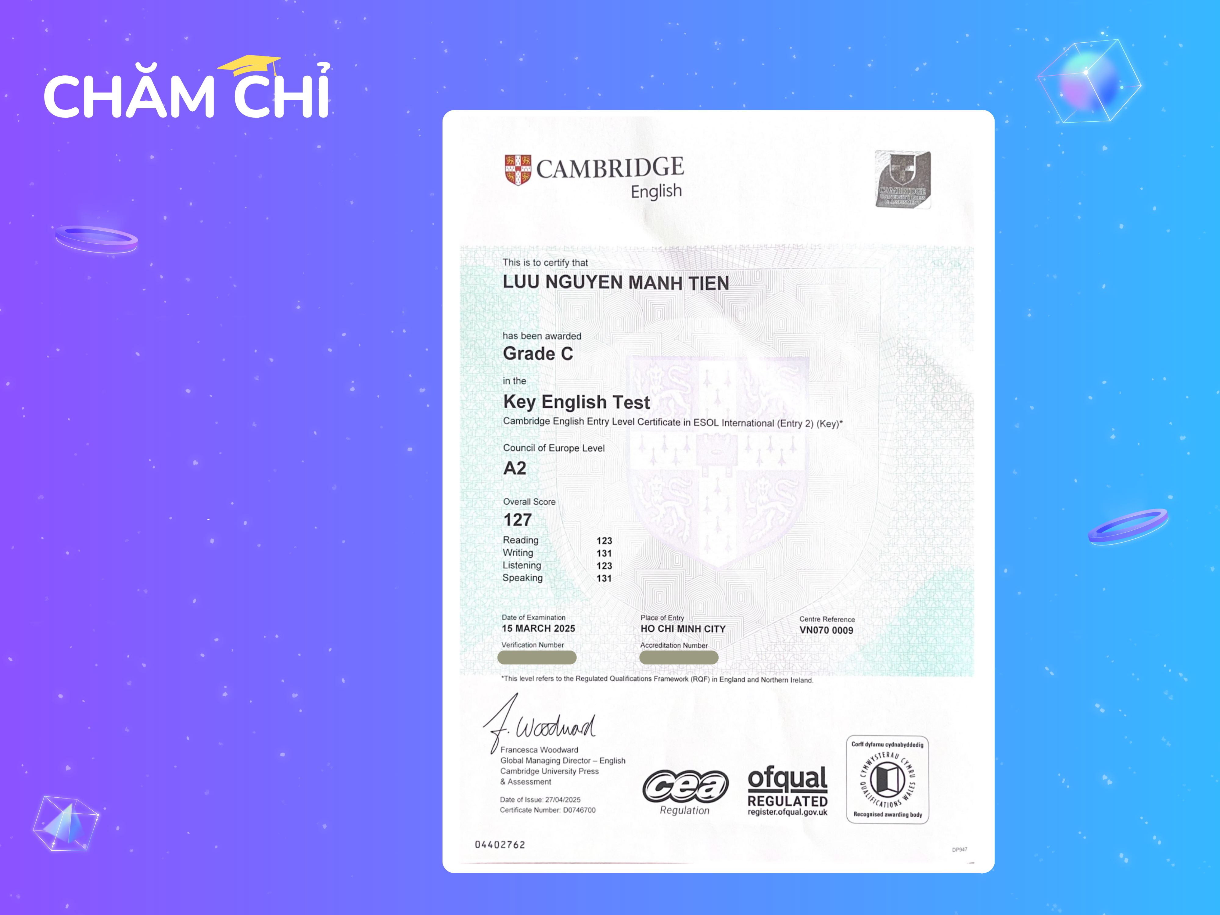 Học viên đạt Flyers tại Chăm Chỉ